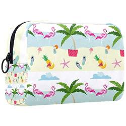 Kleine Make up Tasche für Geldbörse, Reise Kosmetiktasche, Make up Tasche, tragbar, vielseitig, Reißverschlusstasche für Frauen,Cartoon Flamingo Sommer Hawaii Strand von VBFOFBV
