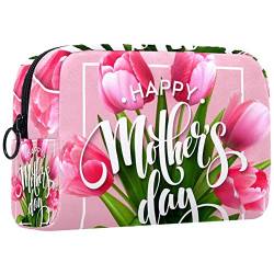 Kleine Make up Tasche für Geldbörse, Reise Kosmetiktasche, Make up Tasche, tragbar, vielseitig, Reißverschlusstasche für Frauen,Glücklicher Tag der Mutter rosa Tulpe mit Blumen von VBFOFBV