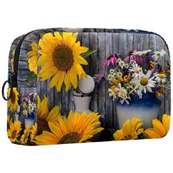 Make up Tasche, Kosmetiktasche für Frauen, Kosmetik, große Reise Kulturtasche für Mädchen, Make up Tasche, Pinseltaschen,Sonnenblume Sommer Floral Holzbrett Vintage von VBFOFBV