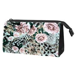 Make up Taschen für Frauen, Make up Reisetasche, wasserdichte Make up Organizer Tasche,Leopard Druck Weinlese Rosa Rosen Blume von VBFOFBV