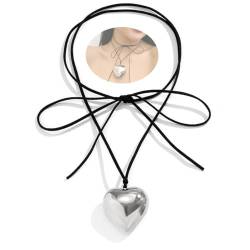 VBKITW Herz-Choker-Halskette, Y2K-Schmuck, mit Eleganter Geflochtener Schleife, Verstellbar, Schwarze Samtkette, Herz-Anhänger-Halskette, für Mädchen, Frauen (Silber) von VBKITW