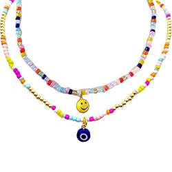 2 x Perlen-Halskette mit bösem Blick, Smiley-Gesicht, Anhänger-Halskette, bunte Samenperlen, Y2K, böhmische Strand-Halsketten, Perlen-Choker-Halskette für Frauen und Mädchen, Perlenkette von VCCKNB JEWELRY