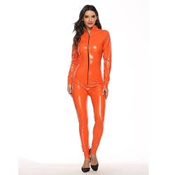 VCXZ Frauen Faux Leder Catsuit PVC Latex Bodysuit Front Reißverschluss Offene Schritt Overalls Stretch Bodystocking Erotische Kostüme,Orange,XXL von VCXZ