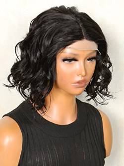 Human Lace Wigs 13 * 4 * 1 T-Part Lace Short Curly Human Hair Wig for Black Women (Color : 180Density 13 * 4 * 1, Size : 6 Inch) von VDESC
