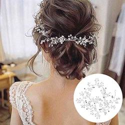 50cm Haarschmuck Hochzeit,Kopfschmuck Hochzeit Haardraht Haarschmuck Braut Perlen Strass Silber Blumen Haarband,Brautschmuck Haarreif Hochzeit Vintage Stirnband Braut Haarranke für Frauen und Mädchen von VDSOW