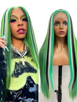 VEBONNY 26 Zoll grün/schwarz/weiß hervorgehobene synthetische Lace-Front-Perücke - Stilvolles Haarteil für Frauen, ideal für Mode und Cosplay, VEBONNY-828 von VEBONNY
