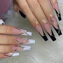 VEBONNY Black French Tip with Gold Line,White French Tips with Gold Line,Acrylic Long Coffin French Press on Nails for Woman and Girls VEBONNY FN-LT084 von VEBONNY