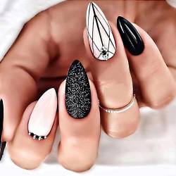 VEBONNY Black Press on Nails with Silver Glitters Design Light Pink Short Almond False Nails with Black Line Painting and Rhinestone Ornament Fake Nails for Attractive Woman VEBONNY FN-SA015 von VEBONNY