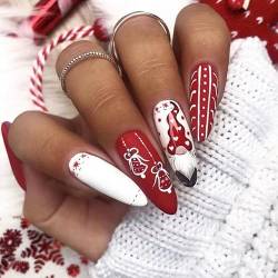 VEBONNY Christman Style Press on Nail,Red and White with Wreath Almond Shaped Nails,Father Christmas Santa Design Red False Nails for Festival SA104 von VEBONNY