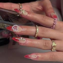 VEBONNY Elegant Noble Pinkish Red Almond Shaped Nails,Golden 3D Rose and Wings Design Pink Gradient Nails,Pearl Heart-Shaped Wreath Press on Almond Nails Kits VEBONNY-SA159 von VEBONNY