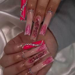 VEBONNY Fluorescent Pink Long Coffin Press on Nails with 3D Rhinestone Design Glossy Acrylic False Nails with English Pattern Shining Fake Nails for Party VEBONNY FN-LT022 von VEBONNY