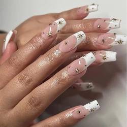 VEBONNY French Tip Press On Nails Medium Square Squart Coffin Nude Fake Nails with Rhinestones Star Awn Designs Glossy Stick On Nails Full Cover Acrylic False Nails for Women VEBONNY FN-LT037 von VEBONNY