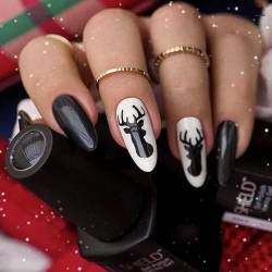 VEBONNY Glossy Black Almond Shaped Acrylic Presson Nails,Milky White with Black Reindeer Design Long Almond Nails,Full Cover Stick on Nail Kits for Christmas ST262 von VEBONNY