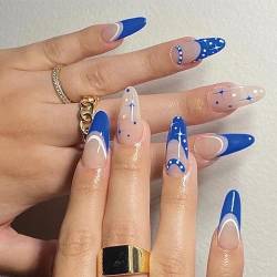 VEBONNY Glossy Medium Almond Nude French Nails with Star and Moon Design Blue French Tips Polka Dot Painting Nails Acrylic Fake Nails 24Pcs VEBONNY FN-SA023 von VEBONNY