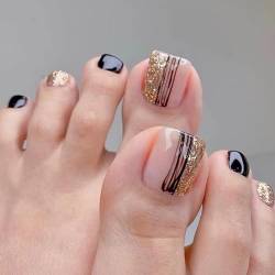 VEBONNY Half Pink and Half Gold Sequins False Toenails,Glossy Short Square Black French Press on Toenails,Gold Sequins Artificial Full Cover Fake Toenails VEBONNY FT-014 von VEBONNY