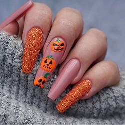 VEBONNY Halloween Style Long Coffin Press on Nails with Pumpkin Design Orange Sequin Glitter and Cinnamon Pink Festival False Nails VEBONNY FN-LT021 von VEBONNY