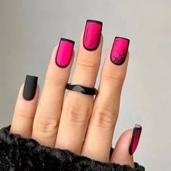 VEBONNY Hot Pink Comic Press on Nails Medium, Acrylic Fake Nails Square Cartoon False Nails Deep pink,Spider Web Design Artificial Matte Nails for Women and Girls 24pcs VEBONNY FN-ST041 von VEBONNY