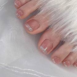 VEBONNY Jelly Pink Nude Pink Press on Toenails,Silver Glitters French Tips Shimmery False Toe Nails,Pinkish Trendy Full Cover Fake Nail for Feet VEBONNY FT-085 von VEBONNY