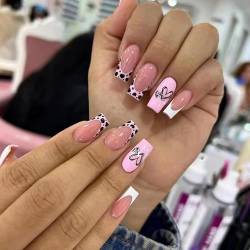 VEBONNY Leopard Print French Tips Nude Pink False Nail,Kawaii Baby Pink Medium Coffin Nail with Heart Print,White Tips French Style Press on Nail Kits VEBONNY ST180 von VEBONNY