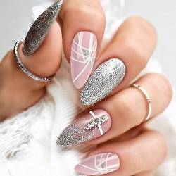 VEBONNY Light Pink Press on Nails with White Line Print Funky Silver Glitter Grey Almond False Nails with Rhinestone Gradirnt Painting Elegant Fslae Nails VEBONNY FN-SA014 von VEBONNY