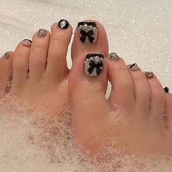 VEBONNY Misty Rose Black French Tips Press on Toe Nails,Diamond Pearl and Bow Decorations Fake Nail for Feet,Abstract Line Black Toenails Kit Arts VEBONNY FT-070 von VEBONNY