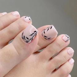 VEBONNY Morandi Pink French Press on Toenails,Short Square Coffin Fake Toe Nails,Black Leaves Design Glossy Acrylic Full Cover False Nails for Feet Summer Beach VEBONNY FT-027 von VEBONNY