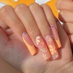 VEBONNY Orange French Tips Press on Nails with Flower Design,Long Coffin Square Glossy Acrylic Full Cover Artificial False Nails for Woman and Gails VEBONNY FN-LT118 von VEBONNY