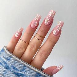 VEBONNY Pastoral Style Medium Coffin False Nails with Sunflower Spring Summer Rustic Style Pink Square Fake Nails French Simple Cute Nail Art Nail Decorations Women Girls VEBONNY FN-ST023 von VEBONNY