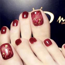 VEBONNY Ruby Red Marble Vague Dying Toe Nails with Gold Foil Design,Square False Toe Nails with Design,Glossy Acrylic Red Square Fake Toenails for Summer Party VEBONNY FT-064 von VEBONNY