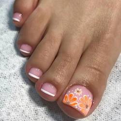 VEBONNY Spring Summer Orange Flower Glossy Nude Pink Press on Toenails,White French Tip Fake Toe Nails,Short Square Full Cover Acrylic False Toe Nails VEBONNY FT-082 von VEBONNY