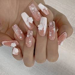 VEBONNY Stereoscopic Rose Ballerina False Nails,White French Tips Pink Long Coffin Press on Nail with Pearls and White Flowers,Silver Glitters Acrylic Glossy Fingernails VEBONNY FN-LT090 von VEBONNY