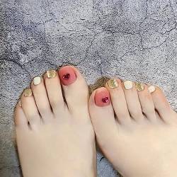 VEBONNY Summer Sweetie Pinkish Fake Toenails,Short Square False Toe Nails with Red Rhinestone Design,Gold Glitters and Cream White Acrylic Artificial Toenails VEBONNY FT-080 von VEBONNY