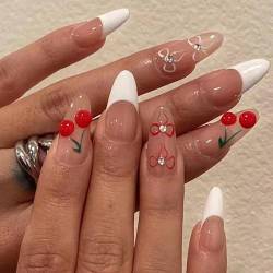 VEBONNY Transparent Pink French Press on Nails,Red and White Tracing Bowknot Rhinestone Design Almond Shaped Nails,Valentine's Day 3D Cherry Design Acrylic Full Cover Trending Nails VEBONNY-SA162 von VEBONNY