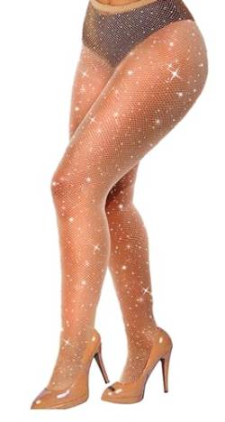 VEBZIN Sexy glitzernde Netzstrümpfe mit Strasssteinen, hohe Taille, Netzstrumpfhose für Frauen, Party-Strumpfhose, Akte Strümpfe in Übergröße, 3XL Große Größen von VEBZIN