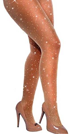 VEBZIN Sexy glitzernde Netzstrümpfe mit Strasssteinen, hohe Taille, Netzstrumpfhose für Frauen, Party-Strumpfhose, Hautfarben, Einheitsgröße von VEBZIN