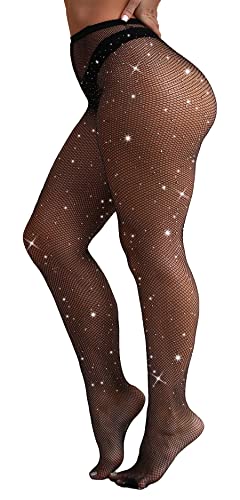 VEBZIN Sexy glitzernde Netzstrümpfe mit Strasssteinen, hohe Taille, Netzstrumpfhose für Frauen, Party-Strumpfhose, Schwarze Strümpfe in Übergröße, 3XL Große Größen von VEBZIN