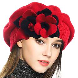 VECRY Damen 100% Wolle Französische Baskenmütze Blumen Strickmütze Schädelkappe Kleid Wintermütze (Rot,M) von VECRY
