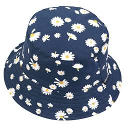 VECRY Damen Baumwolle Reversibel Bucket Hat Irre Fischmenschen Outdoor-Kappe Faltbar Sommer Strand Hüte (M,Blumen-Marine) von VECRY