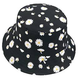 VECRY Damen Baumwolle Reversibel Bucket Hat Irre Fischmenschen Outdoor-Kappe Faltbar Sommer Strand Hüte (M,Blumen-Schwarz) von VECRY