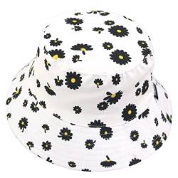 VECRY Damen Baumwolle Reversibel Bucket Hat Irre Fischmenschen Outdoor-Kappe Faltbar Sommer Strand Hüte (M,Blumen-Weiß) von VECRY
