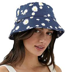 VECRY Damen Herren Denim Gewaschene Baumwolle Trendy Bucket Hat Damen Sommer Strand Sonnenhüte (M,Blumen-Marine) von VECRY