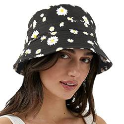 VECRY Damen Herren Denim Gewaschene Baumwolle Trendy Bucket Hat Damen Sommer Strand Sonnenhüte (M,Blumen-Schwarz) von VECRY