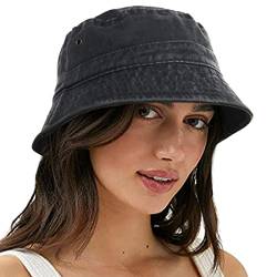 VECRY Damen Herren Denim Gewaschene Baumwolle Trendy Bucket Hat Damen Sommer Strand Sonnenhüte (M,Denim-Schwarz) von VECRY