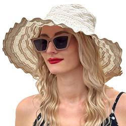 VECRY Damen Jahrgang Strand Sonnenhut Reisen Faltbar Breite Krempe Sommer UV Hüte (Beige,M) von VECRY