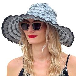 VECRY Damen Jahrgang Strand Sonnenhut Reisen Faltbar Breite Krempe Sommer UV Hüte (Blau,M) von VECRY