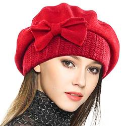 VECRY Frauen Barette 100% Wolle Baskenmütze Kleid Mütze Wintermütze (Rot) von VECRY