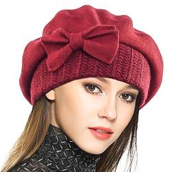 VECRY Frauen Barette 100% Wolle Baskenmütze Kleid Mütze Wintermütze (Rotwein) von VECRY