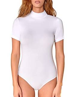 VEDATS Damen Body Kurzarm Halbkragen Turtleneck Bodysuit Top T-Shirt Unterhemd (L, Weiß) von VEDATS