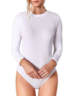 VEDATS Damen Body Langarm Rundhals Bodysuit Top Unterhemd (L, Weiß) von VEDATS