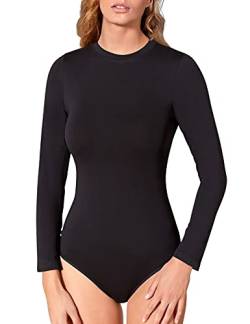 VEDATS Damen Body Langarm Rundhals Bodysuit Top Unterhemd (M, Schwarz) von VEDATS